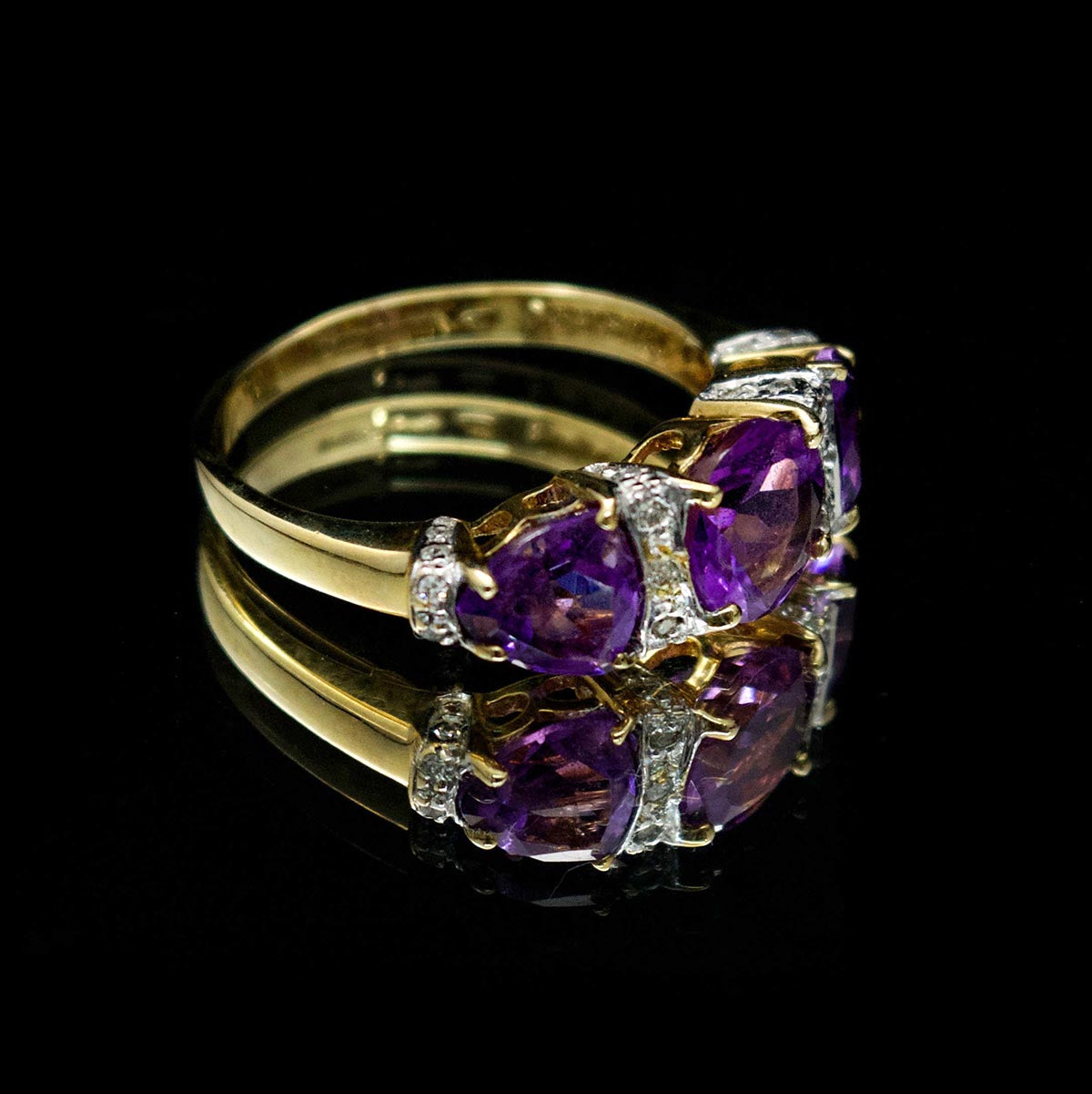 Nouveau Jewellers Trio Amethyst Diamond Gold Dress Ring