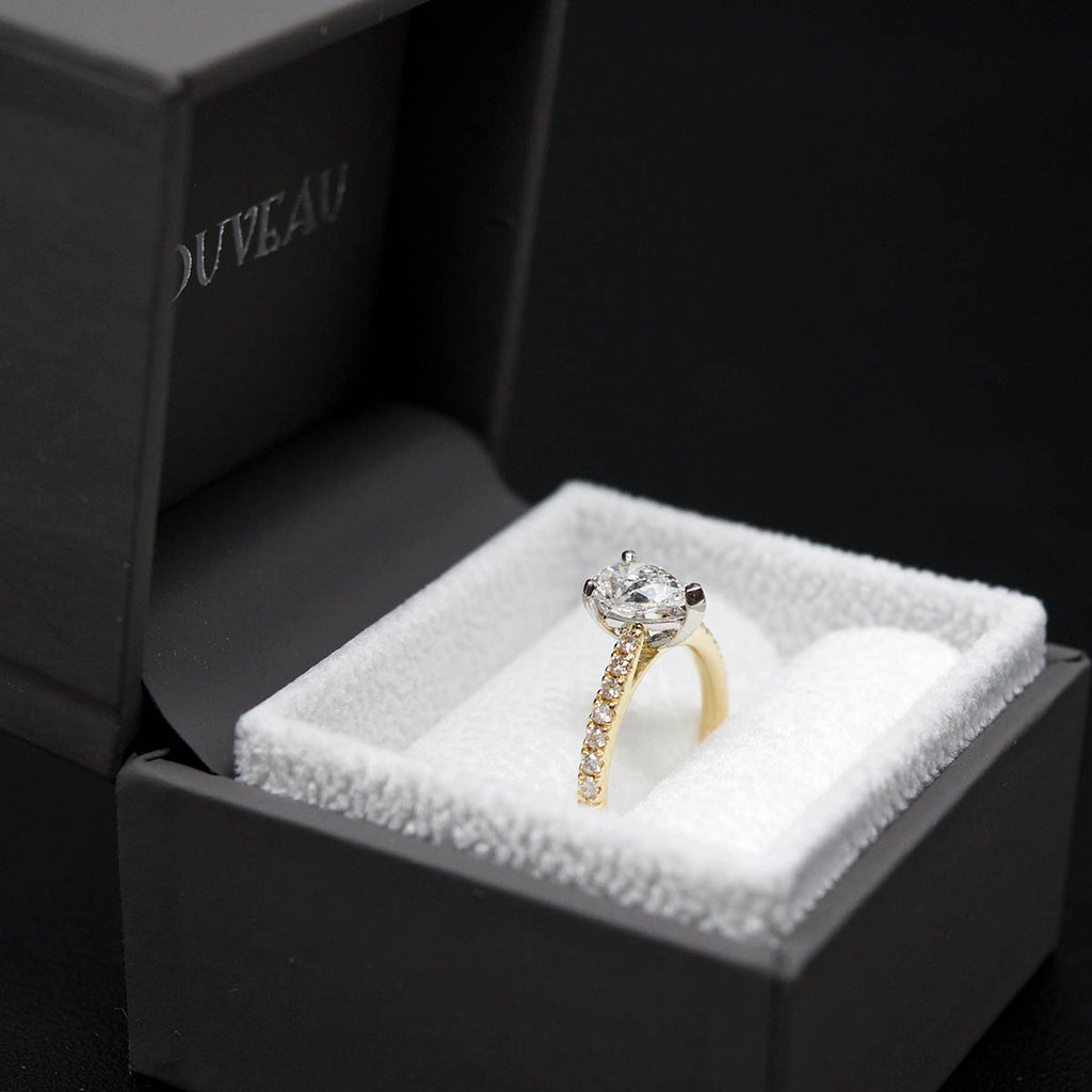 18ct Gold Pear Shaped Halo Diamond Engagement Ring side profile in box, sold at Nouveau Jewellers in Manchester