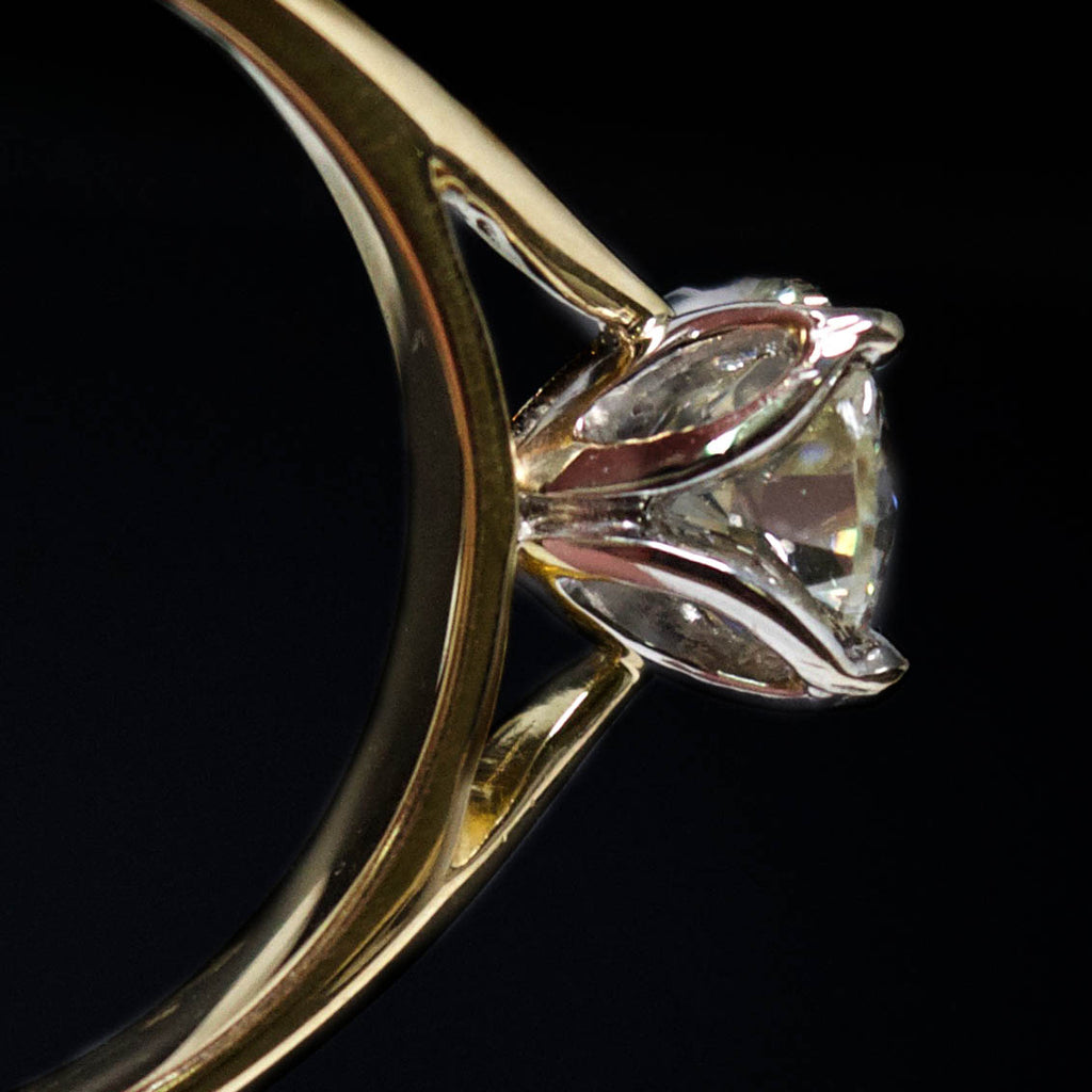 18ct Gold Petal Solitaire Diamond Engagement Ring close up, sold at Nouveau Jewellers in Manchester