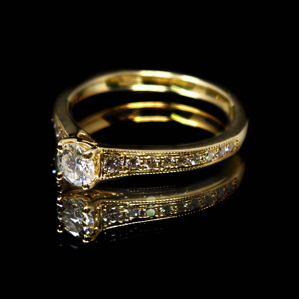 18ct Yellow Gold Vintage Solitaire Diamond Cluster Engagement Ring side profile, sold at Nouveau Jewellers in Manchester