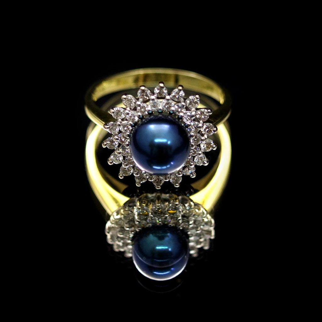 Black Pearl ring, 18ct gold ring, black pearl and diamond ring, jewellers in manchester, nouveau jewellers