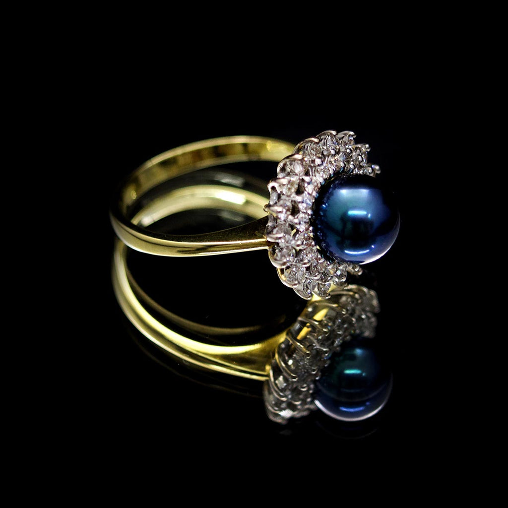 Black Pearl ring, 18ct gold ring, black pearl and diamond ring, jewellers in manchester, nouveau jewellers