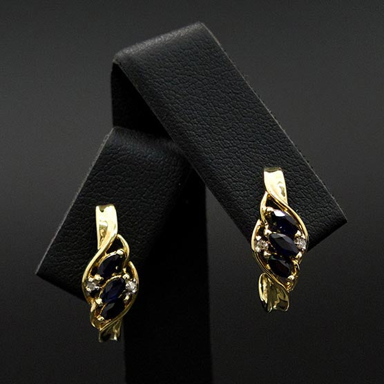 9ct Yellow Gold Twisted Marquise Sapphire Hoop Earrings close up, sold at Nouveau Jewellers in Manchester