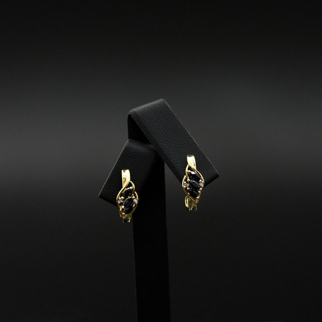 9ct Yellow Gold Twisted Marquise Sapphire Hoop Earrings, sold at Nouveau Jewellers in Manchester