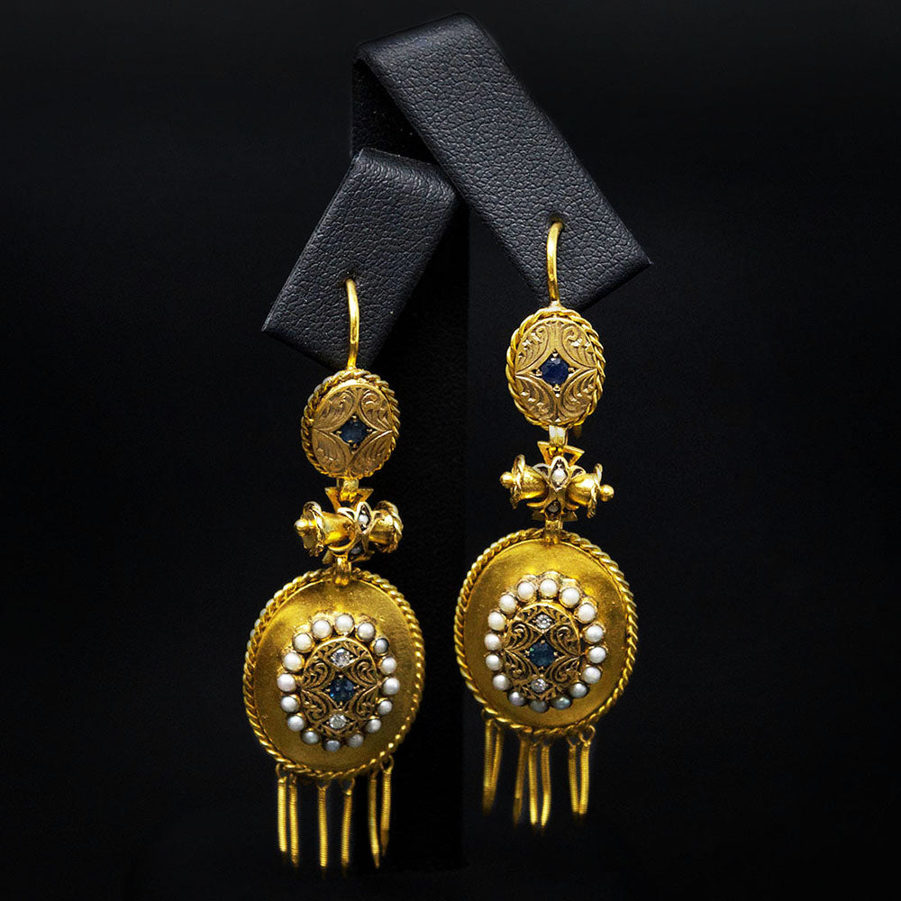 Gold Vintage Pendant Earrings close up, sold at Nouveau Jewellers in Manchester