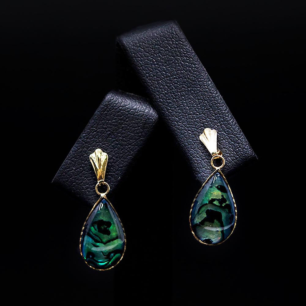 9ct Yellow Gold Abalone Tear Drop Earring Close Up, sold at Nouveau Jewellers in Manchester