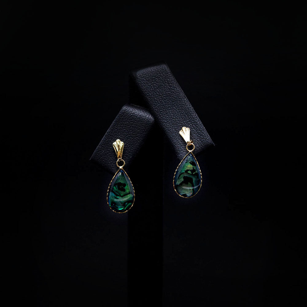 9ct Yellow Gold Abalone Tear Drop Earring front, sold at Nouveau Jewellers in Manchester