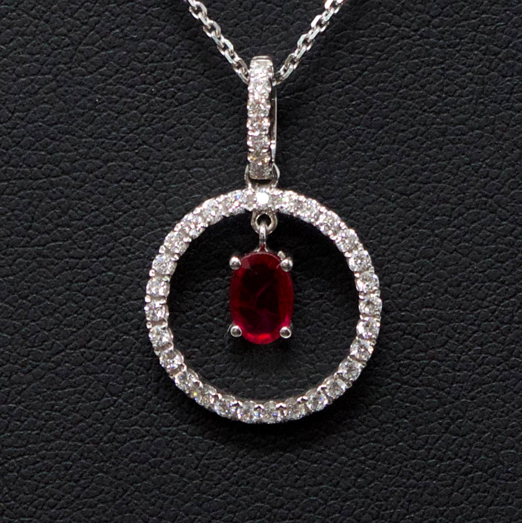 Nouveau Jewellers, Ruby and diamond halo necklace, brilliant cut diamonds, oval cut ruby, Manchester Jewellers