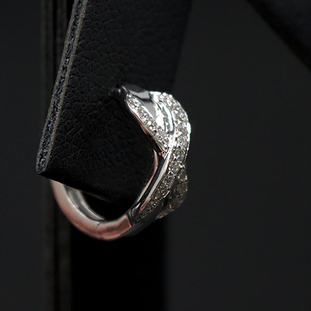 18ct White Gold Infinity Diamond Hoop Earrings Close Up of one, sold at Nouveau Jewellers in Manchester