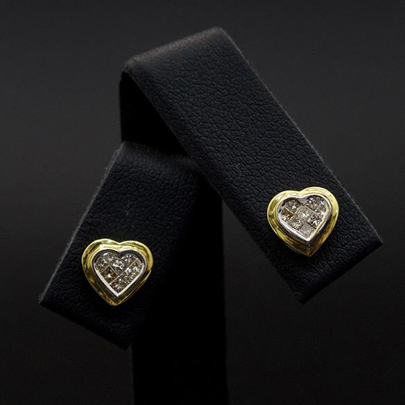 18ct Yellow Gold Princess Cut Diamond Heart Studs close up, sold at Nouveau Jewellers in Manchester