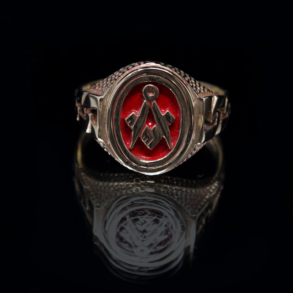 freemason swivel signet ring, nouveau jewellers, mason signet ring, red mason gold signet ring, jewellers in manchester