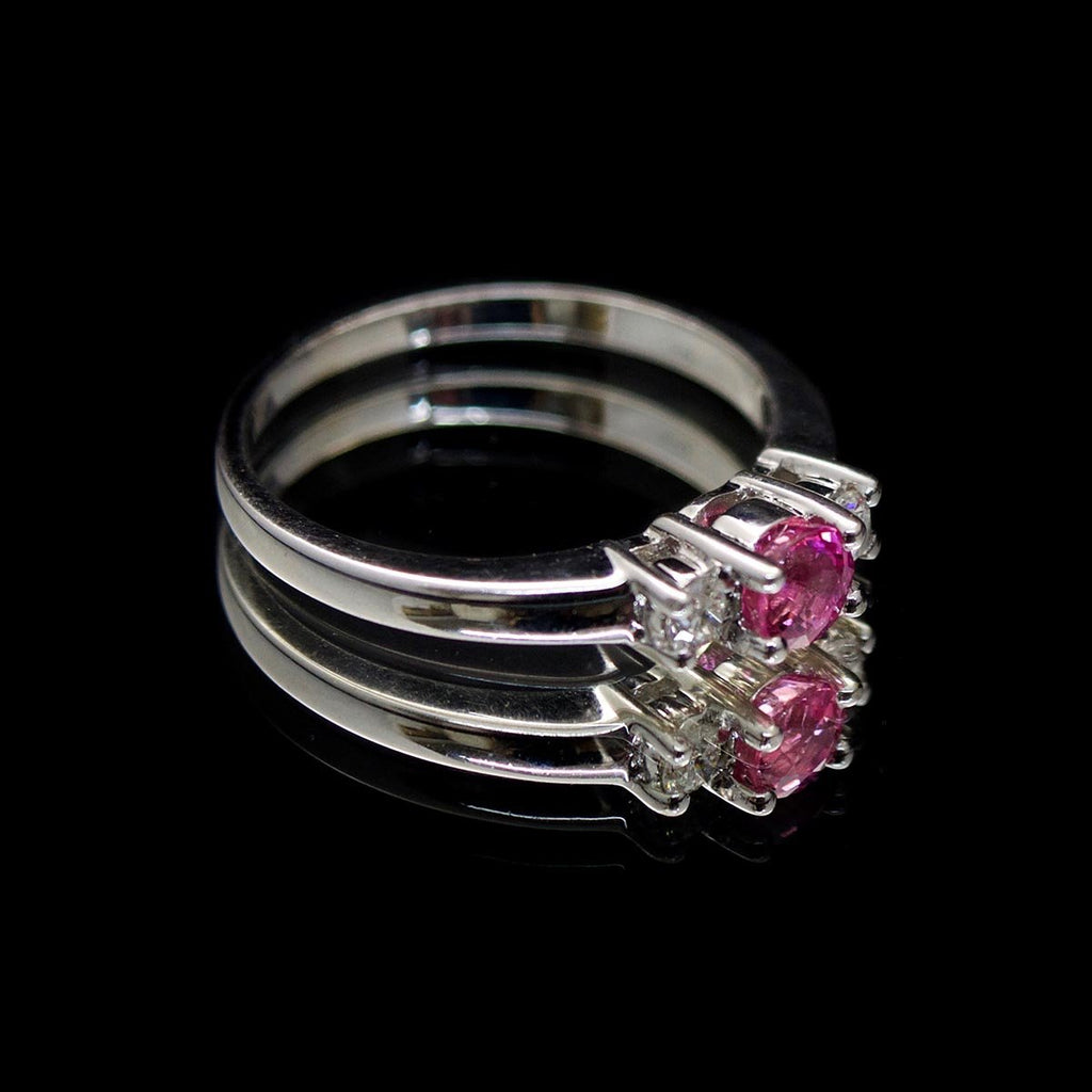 18ct White Gold Pink Sapphire & Diamond Engagement Ring side profile, sold at Nouveau Jewellers in Manchester