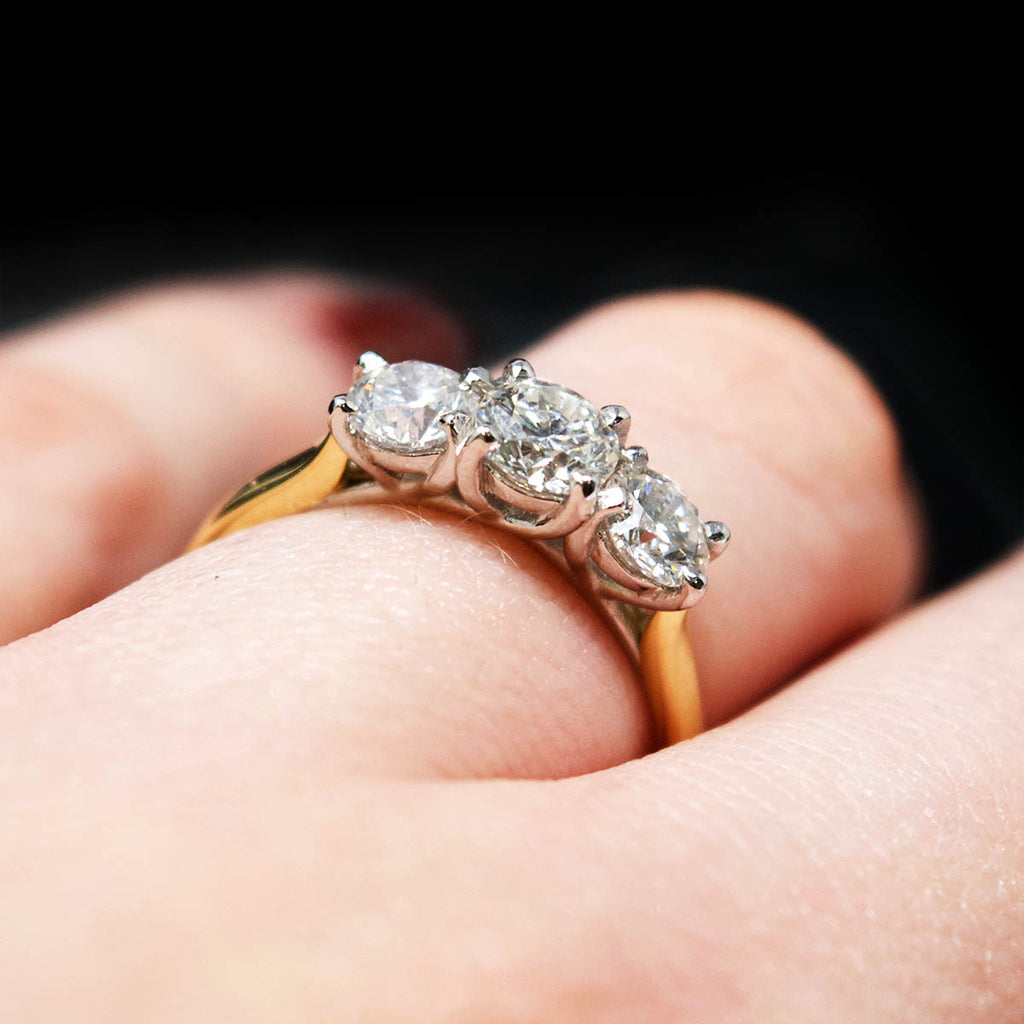 18ct Yellow Gold Trilogy Diamond Engagement Ring on hand, sold at Nouveau Jewellers in Manchester