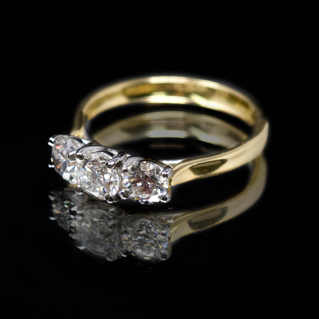 18ct Yellow Gold Trilogy Diamond Engagement Ring side profile, sold at Nouveau Jewellers in Manchester