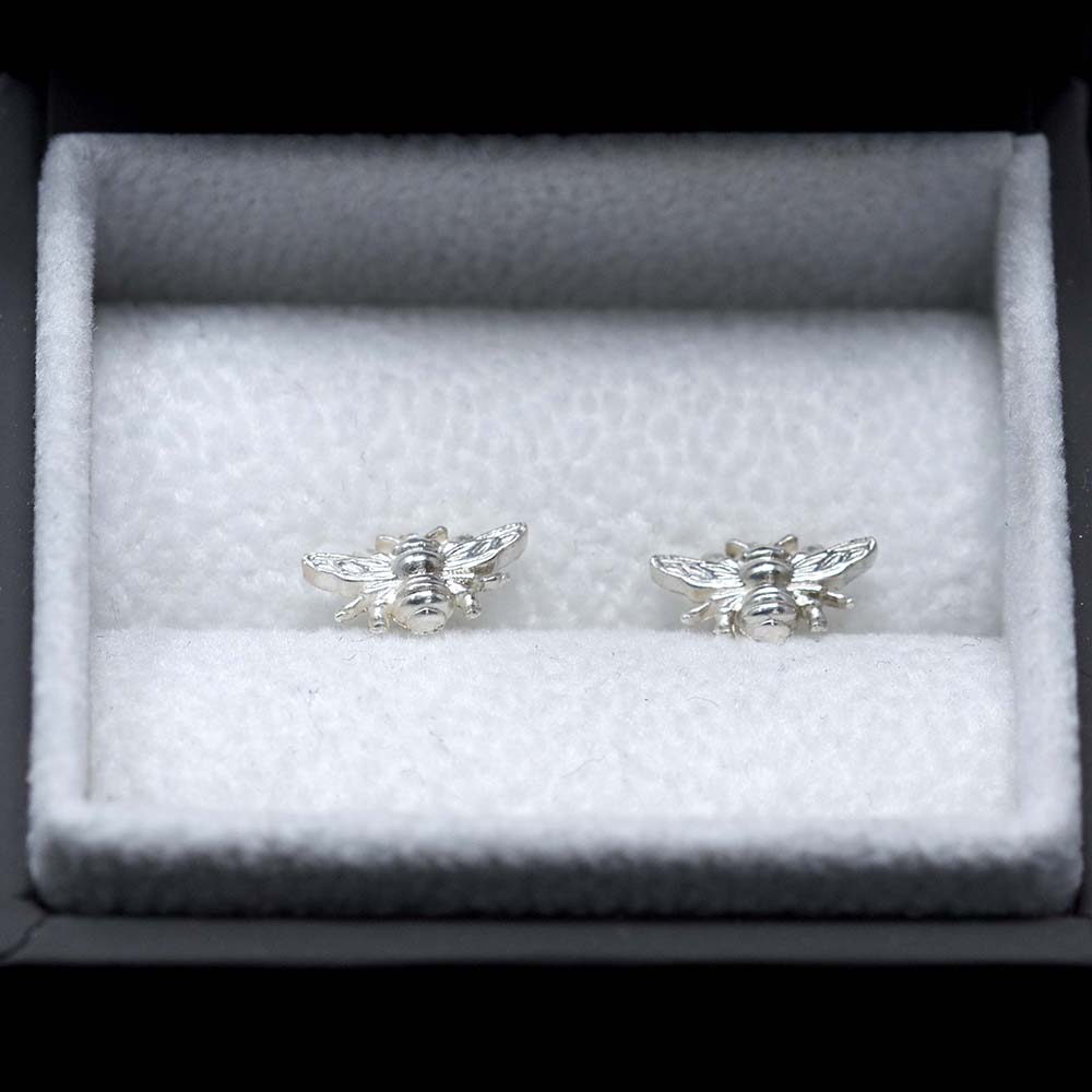Silver Manchester Bee Studs in box, Beehive Collection exclusively sold at Nouveau Jewellers in Manchester