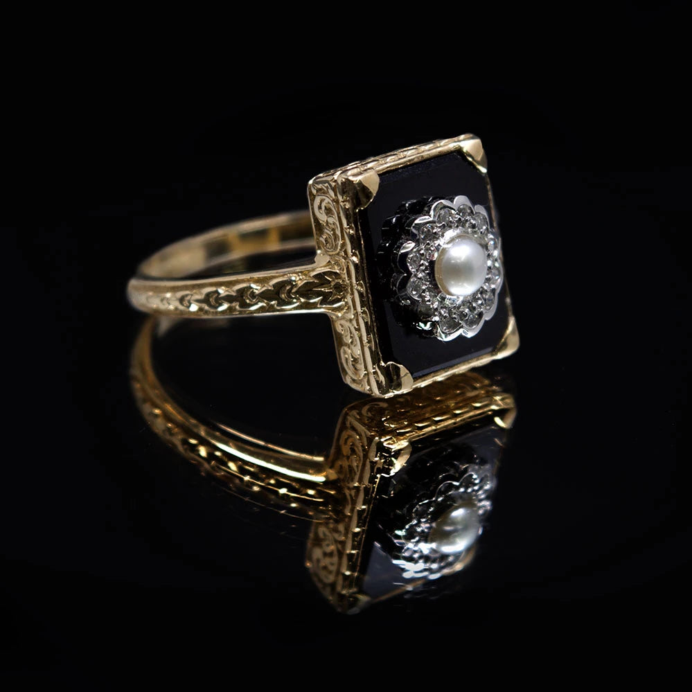 Nouveau Jewellers, Onyx Diamond & Pearl Art Deco Ring by Luke Stockley, Manchester Jewellers