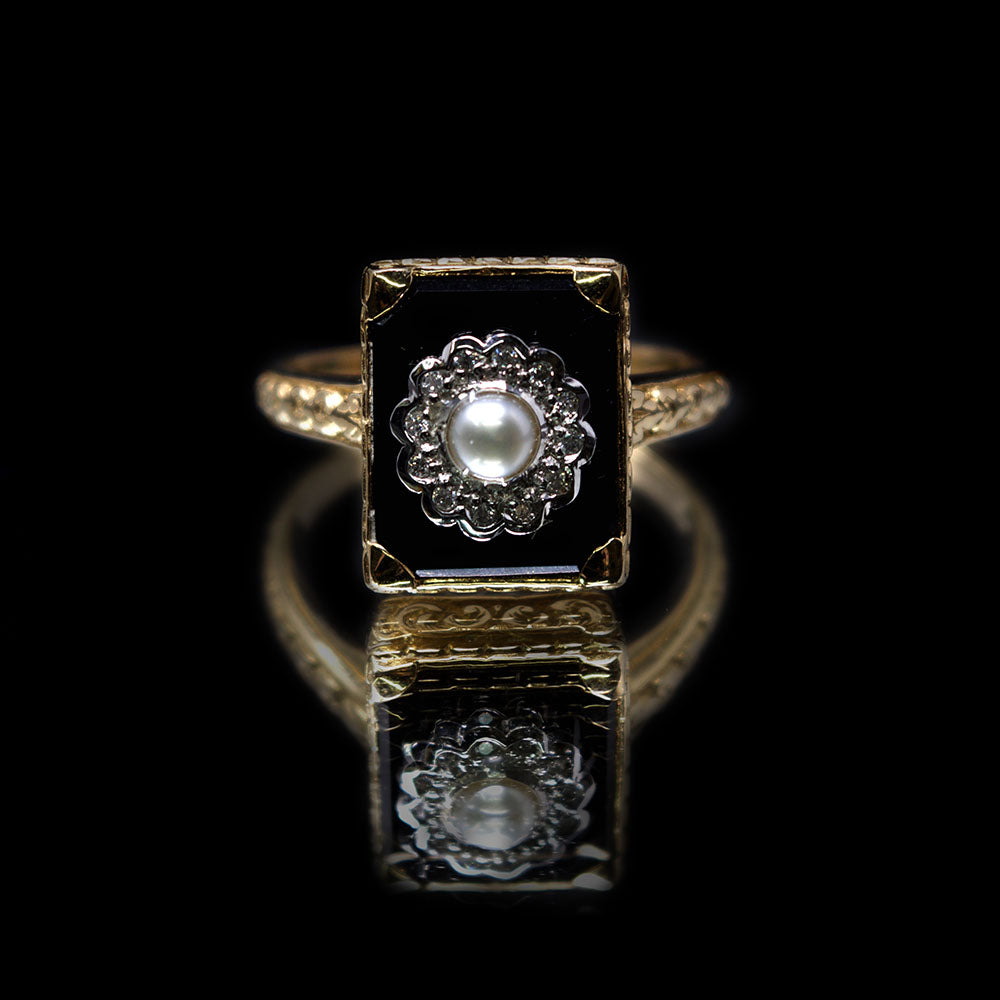 Nouveau Jewellers, Onyx Diamond & Pearl Art Deco Ring by Luke Stockley, Manchester Jewellers 
