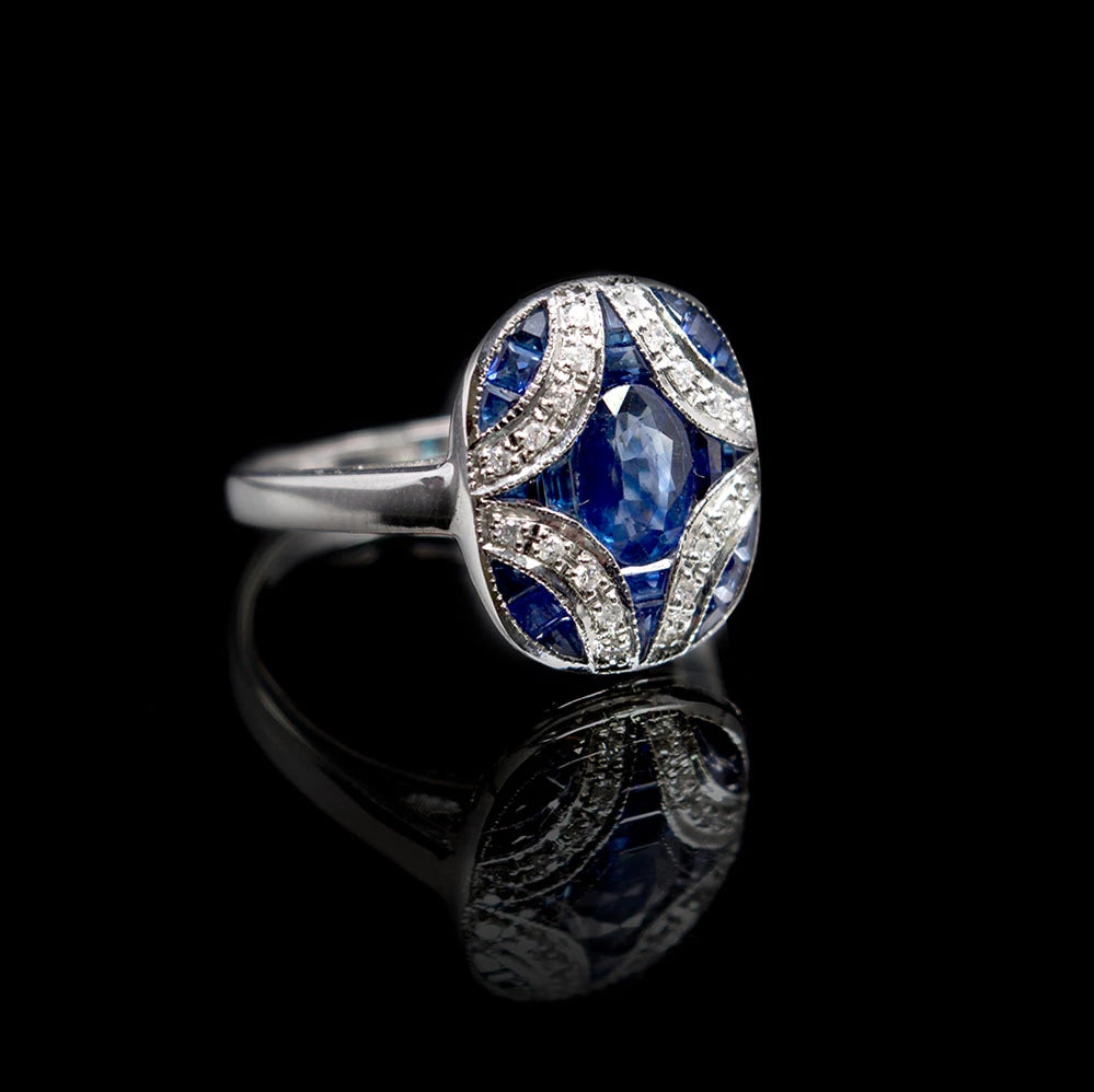 Nouveau Jewellers, Sapphire & Diamond Art Deco Ring designed by Luke Stockley, Manchester Jeweller