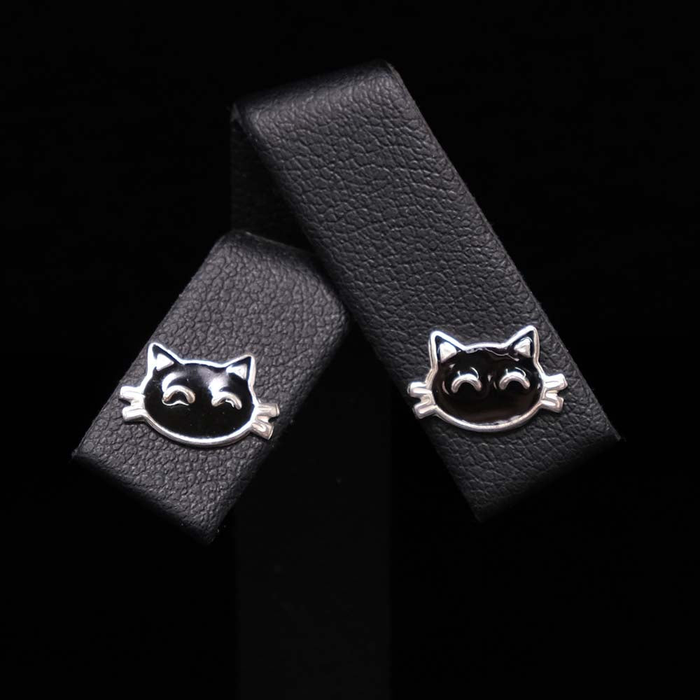 925 Silver Black Cat Silver Stud Earrings Close Up, sold at Nouveau Jewellers in Manchester