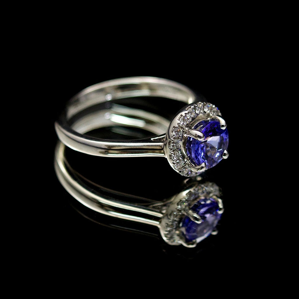 18ct White Gold, Tanzanite & Diamond Halo Ring - Nouveau Jewellers