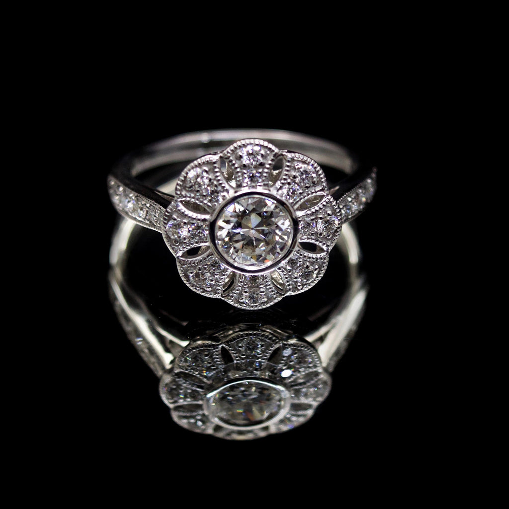 18ct White Gold Vintage Bloom Diamond Cluster Engagement Ring, sold at Nouveau Jewellers in Manchester