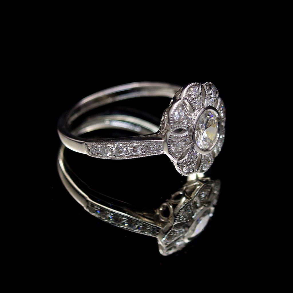 18ct White Gold Vintage Bloom Diamond Cluster Engagement Ring side profiel, sold at Nouveau Jewellers in Manchester