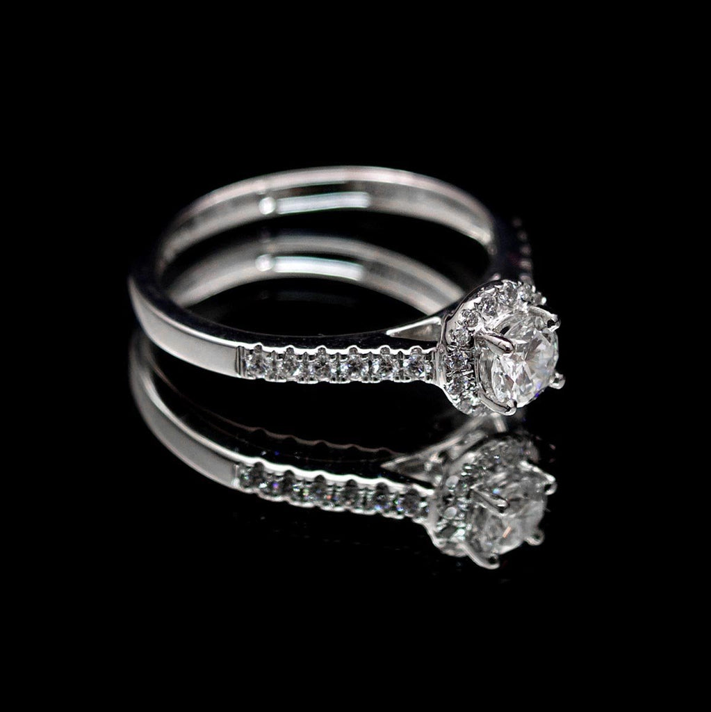 Platinum Halo Diamond Engagement Ring side profile, sold at Nouveau Jewellers Manchester
