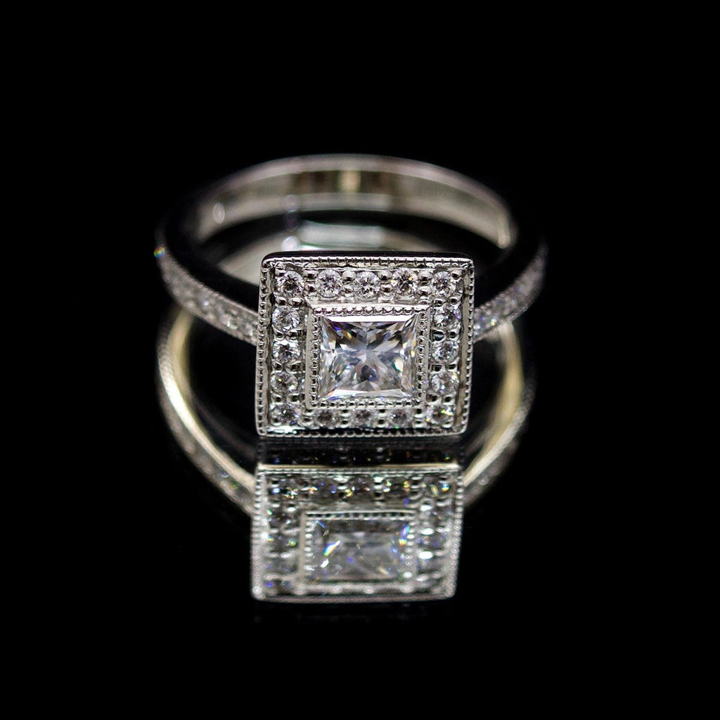Princess Cut Square Halo Diamond Engagement Ring, sold at Nouveau Jewellers in Manchester