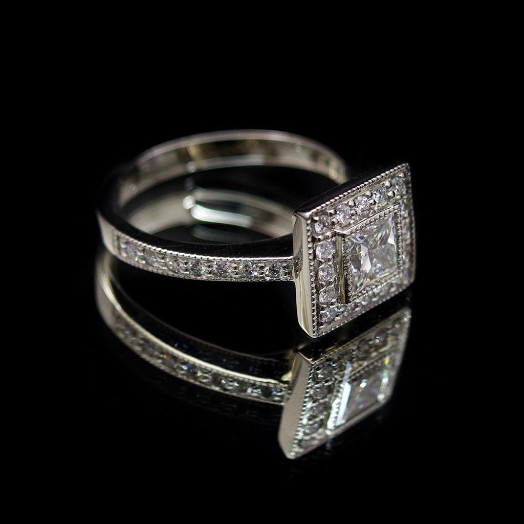 Princess Cut Square Halo Diamond Engagement Ring side profile, sold at Nouveau Jewellers in Manchester