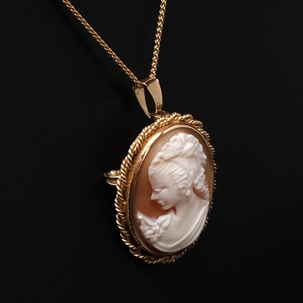 Gold Cameo Broach Pendant Necklace on a chain side shot, sold at Nouveau Jewellers Manchester