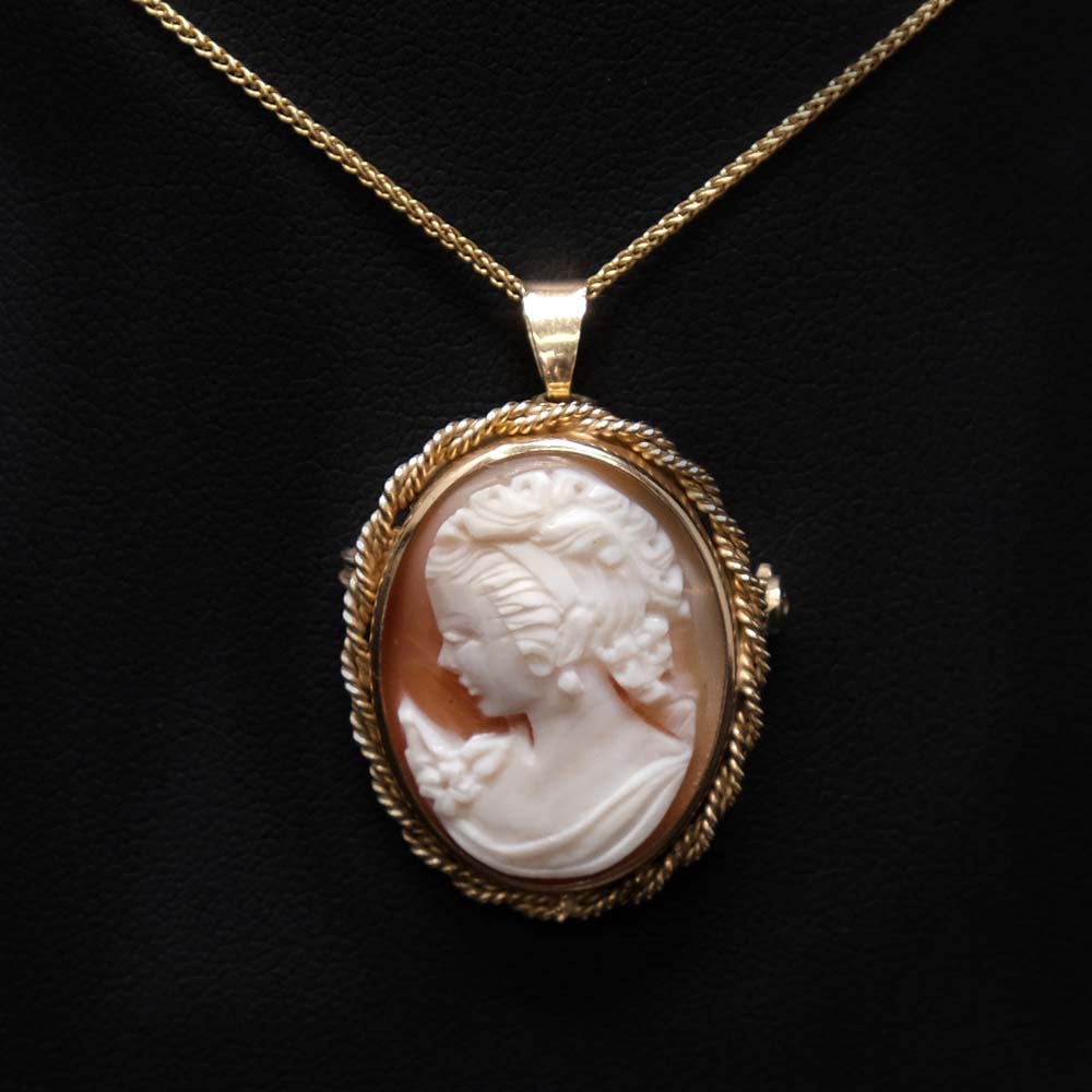 Gold Cameo Broach Pendant Necklace on a gold chain, sold at Nouveau Jewellers Manchester