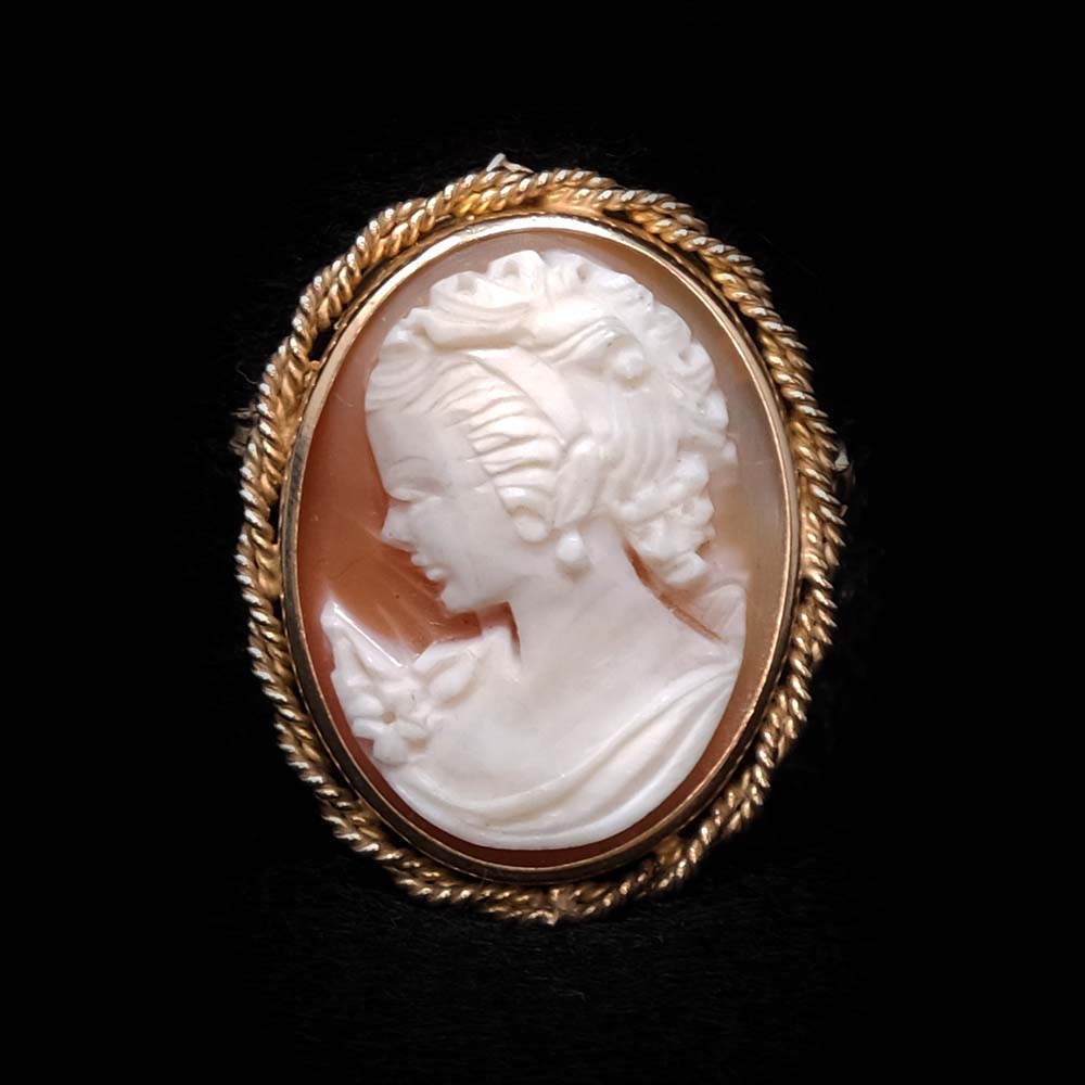 Gold Cameo Broach Pendant Necklace close up, sold at Nouveau Jewellers Manchester