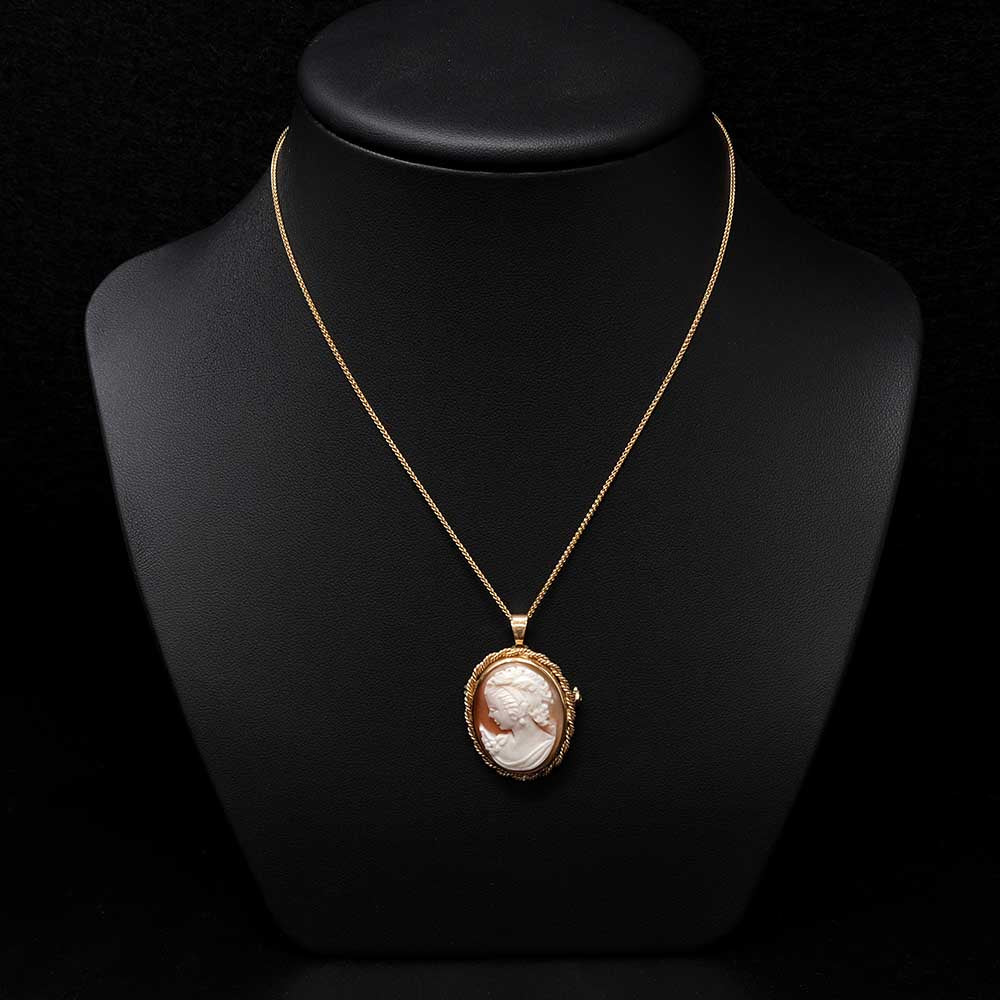 Gold Cameo Broach Pendant Necklace on a bust, sold at Nouveau Jewellers Manchester