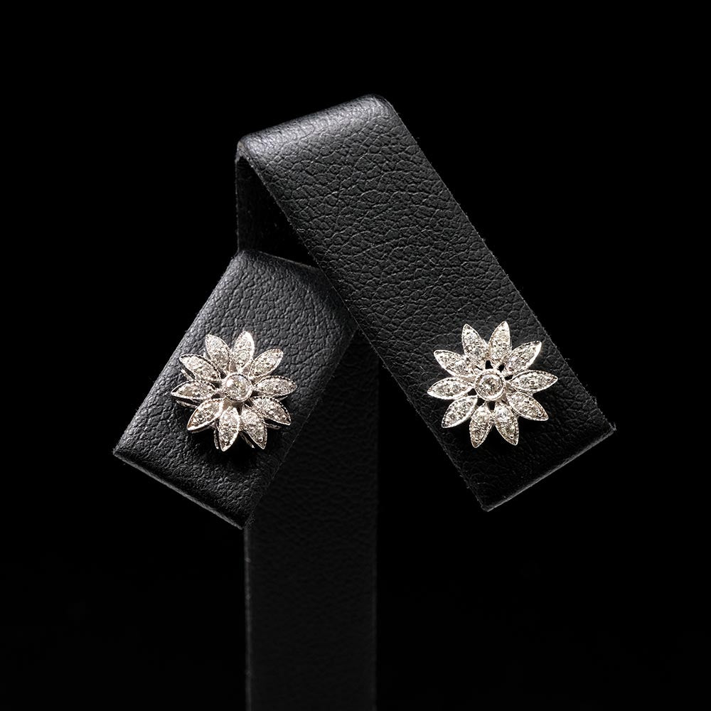 18ct White Gold Diamond Flower Art Deco Earrings, sold at Nouveau Jewellers in Manchester