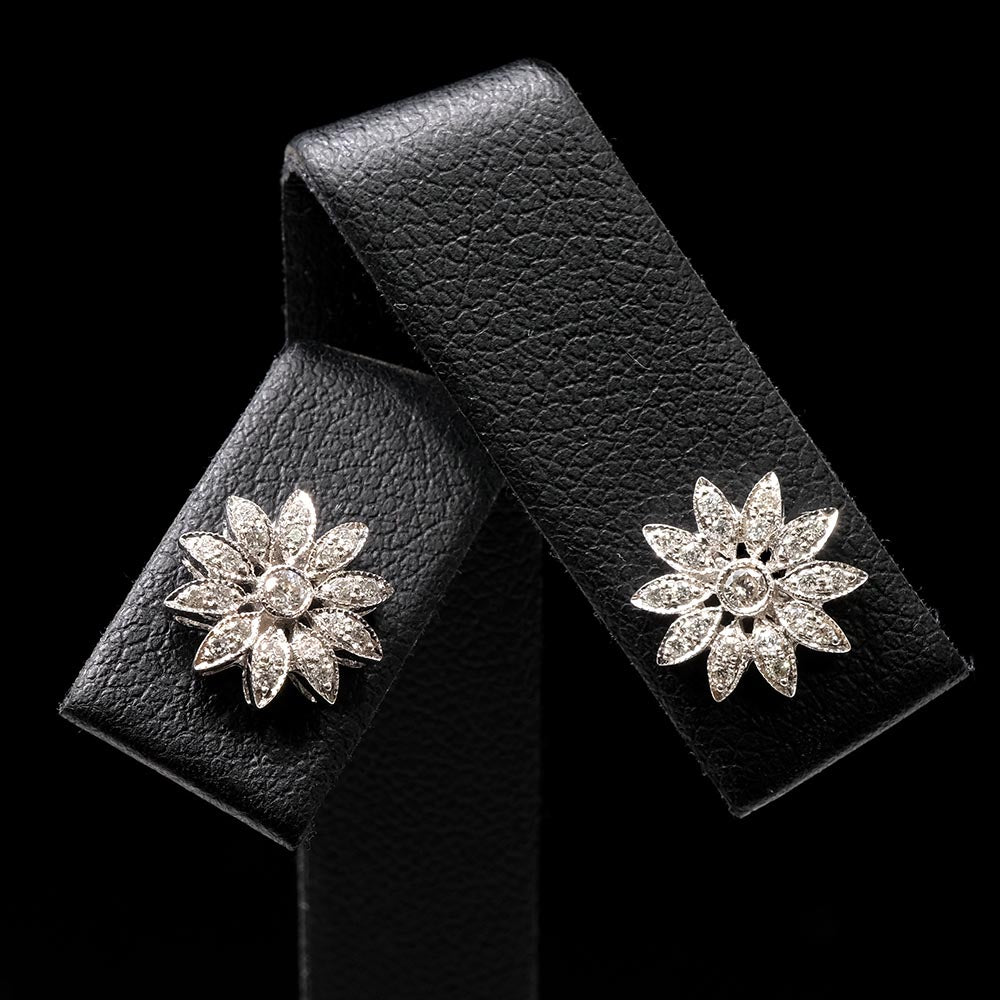18ct White Gold Diamond Flower Art Deco Earrings Close Up, sold at Nouveau Jewellers in Manchester