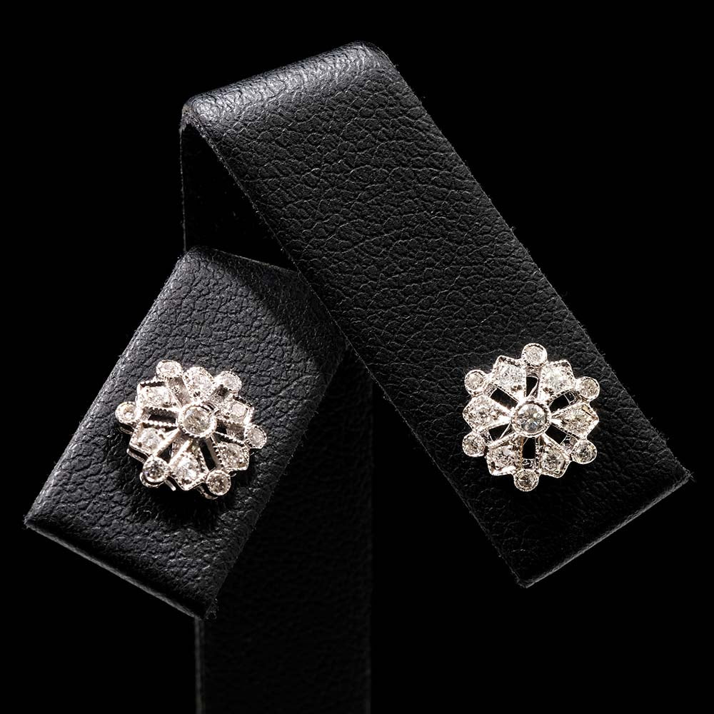 18ct White Gold Diamond Snowflake Art Deco Earrings Close Up, sold at Nouveau Jewellers in Manchester