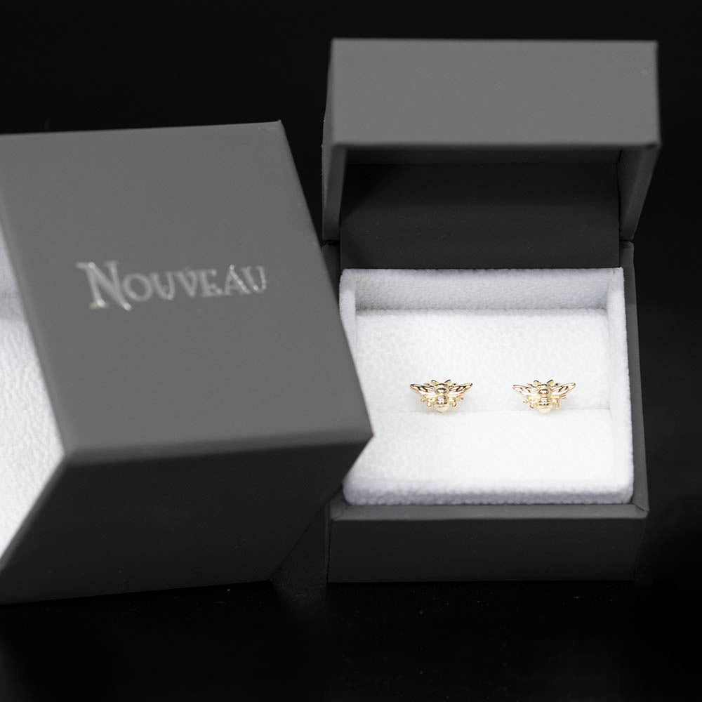 9ct Yellow Gold Manchester Bee Studs in a box, sold at Nouveau Jewellers in Manchester