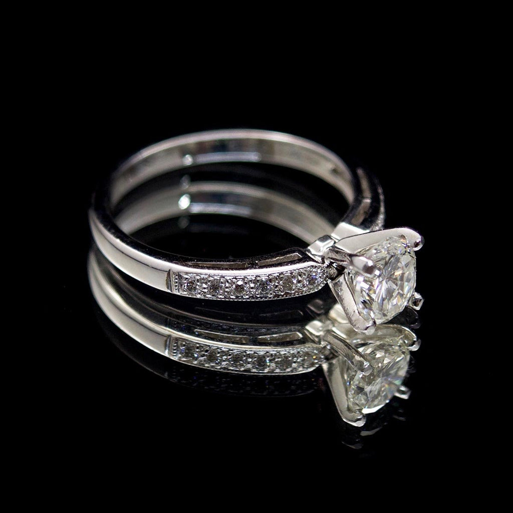 18ct White Gold Solitaire Diamond Engagement Ring with Pavé Shoulders side profile, sold at Nouveau Jewellers in Manchester