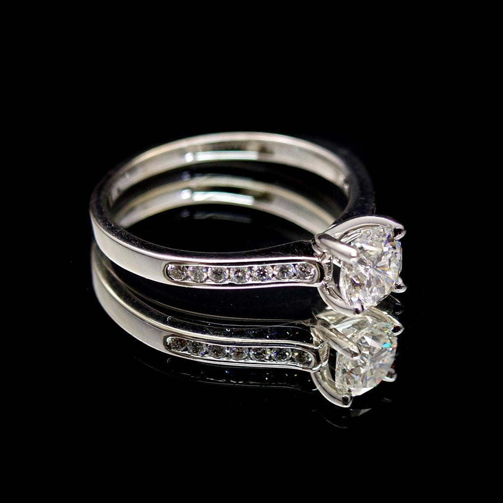 Platinum Solitaire Diamond Engagement Ring side profile, sold at Nouveau Jewellers in Manchester