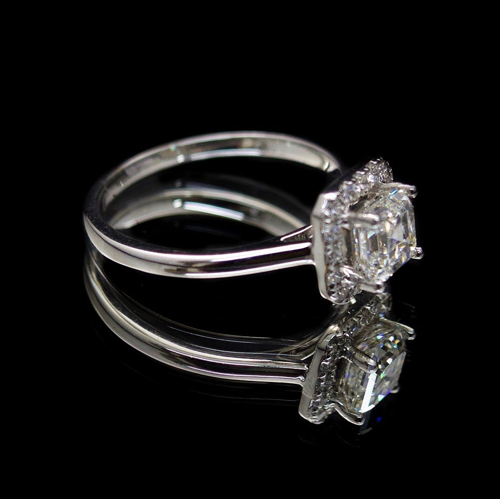 18ct White Gold Asher Cut Diamond Halo engagement ring side profile, sold at Nouveau Jewellers in Manchester