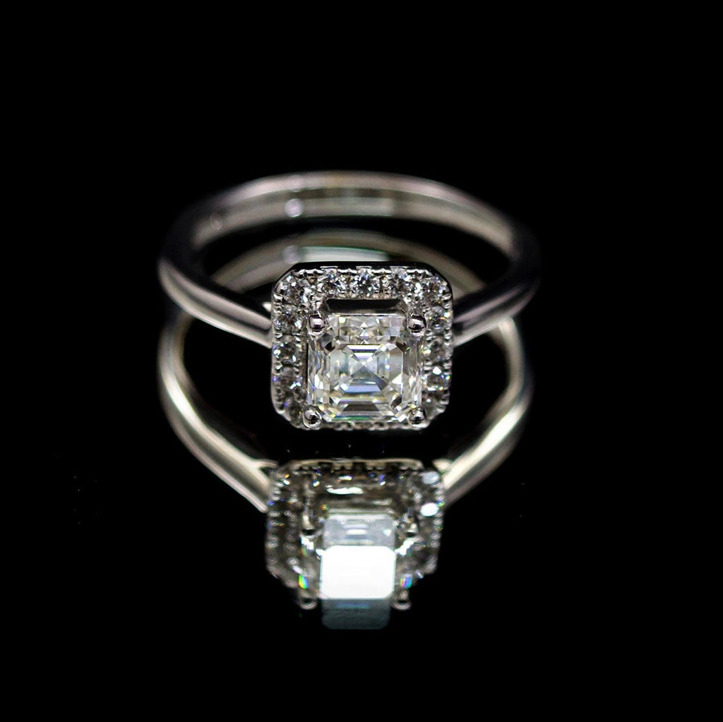 18ct White Gold Asher Cut Diamond Halo engagement ring, sold at Nouveau Jewellers in Manchester