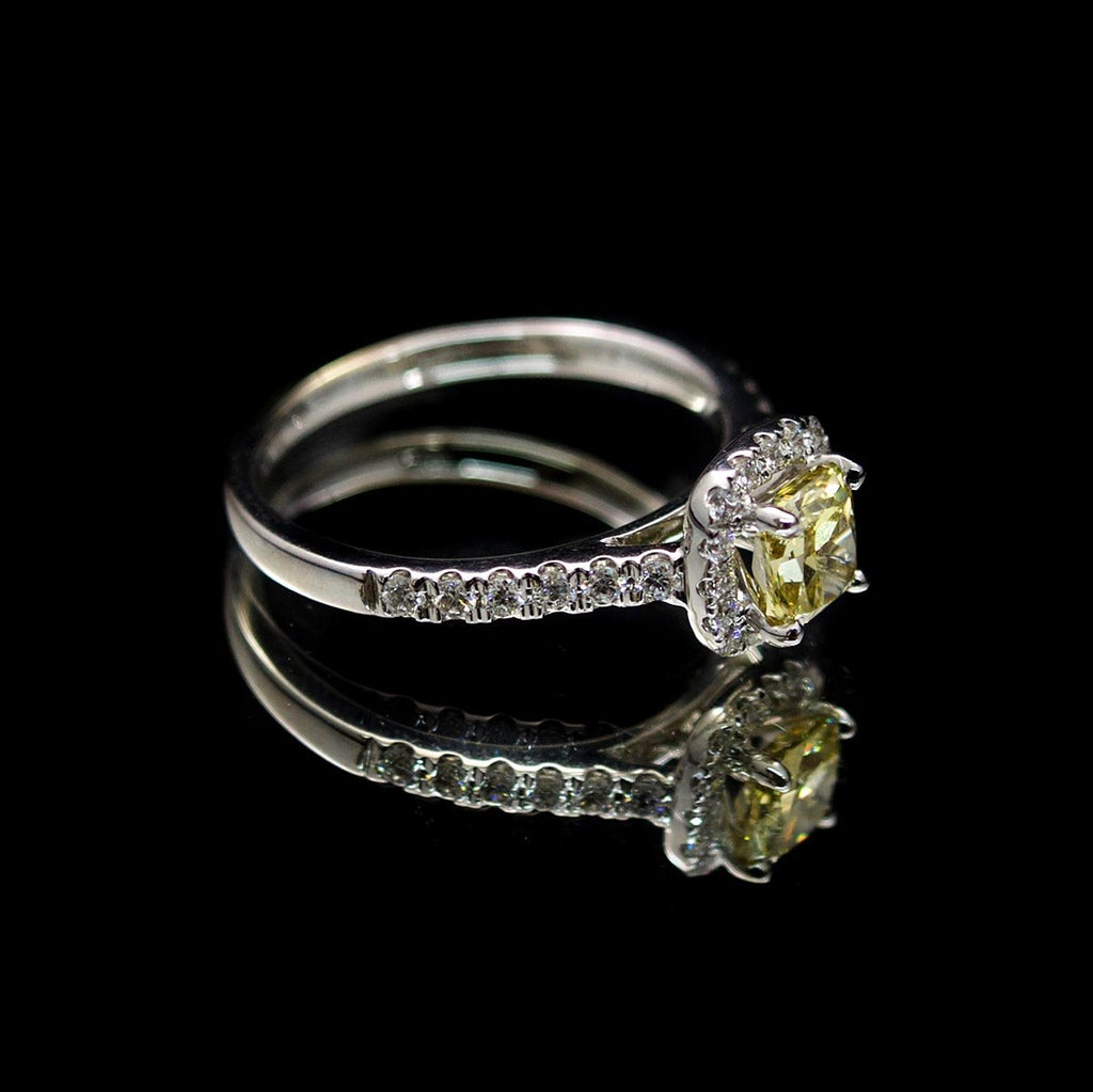 18ct White Gold Cushion Cut Halo Yellow Diamond Engagement Ring side profile, sold at Nouveau Jewellers in Manchester
