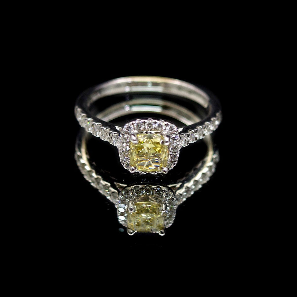 18ct White Gold Cushion Cut Halo Yellow Diamond Engagement Ring, sold at Nouveau Jewellers in Manchester