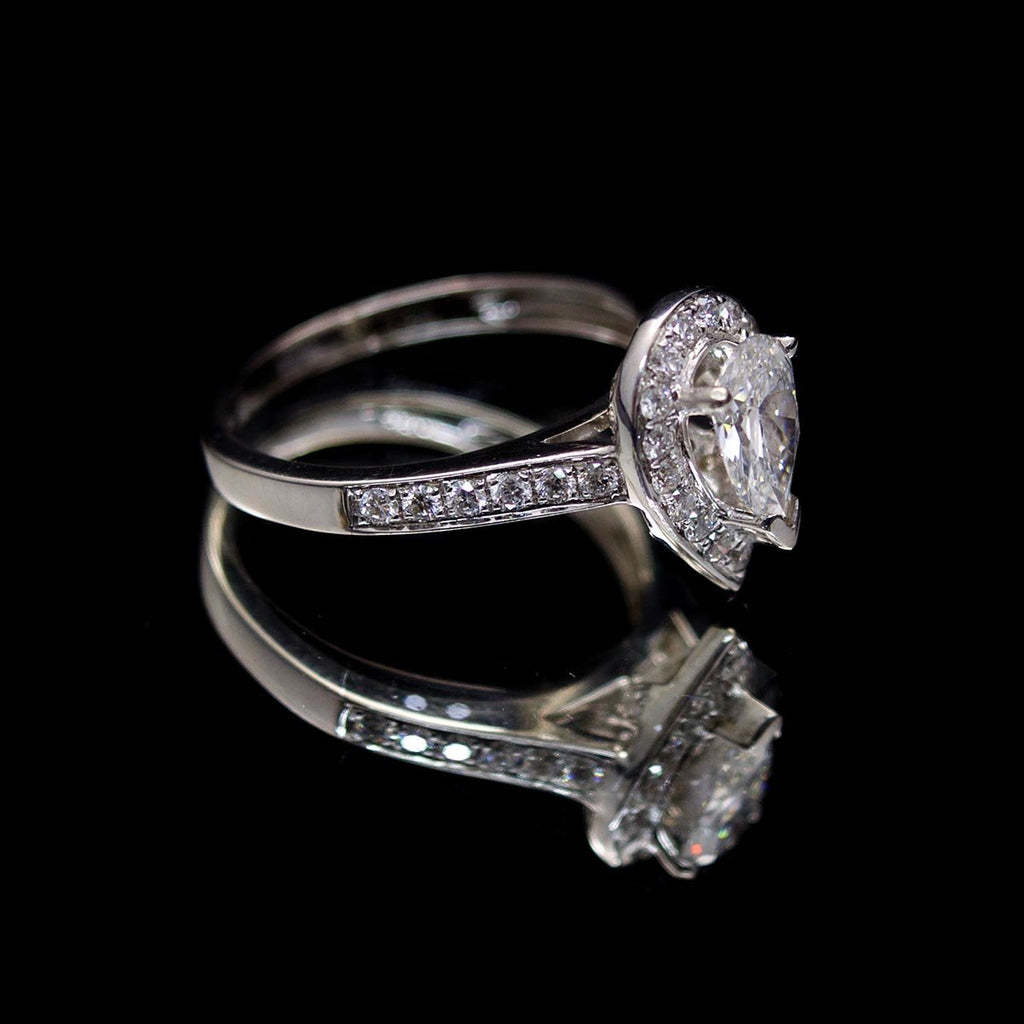 18ct White Gold Pear Shaped Halo Diamond Engagement Ring side profile, sold at Nouveau Jewellers in Manchester