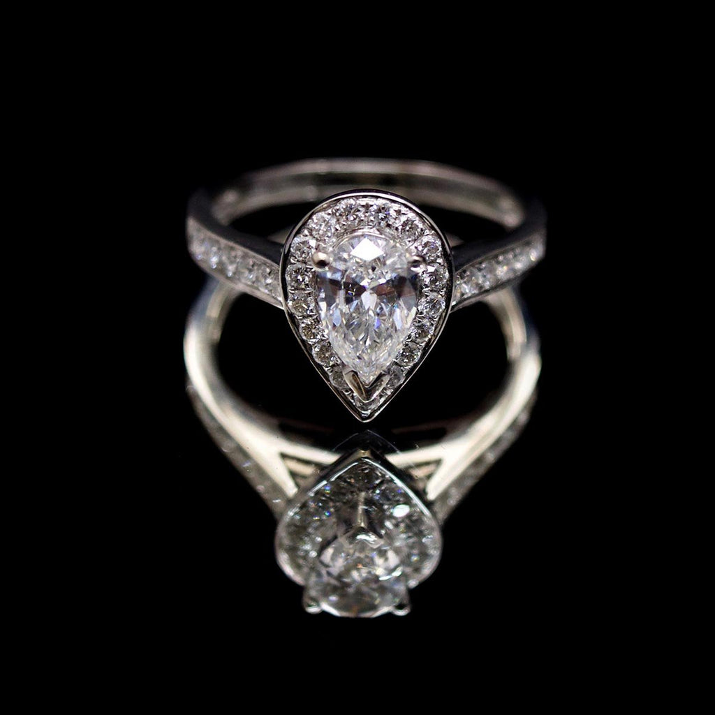 18ct White Gold Pear Shaped Halo Diamond Engagement Ring, sold at Nouveau Jewellers in Manchester