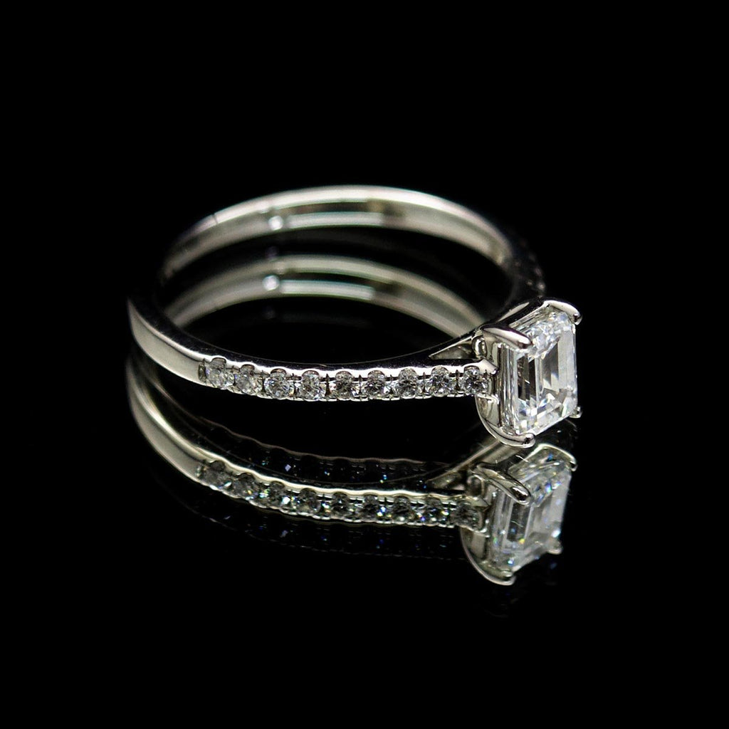 Platinum Emerald Cut Diamond Engagement Ring side profile, sold at Nouveau Jewellers in Manchester