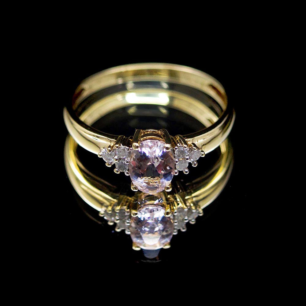 Pink Kunzite and diamond ring, 9ct gold ring, brilliant cut diamond, nouveau jewellers, jewellers in manchester