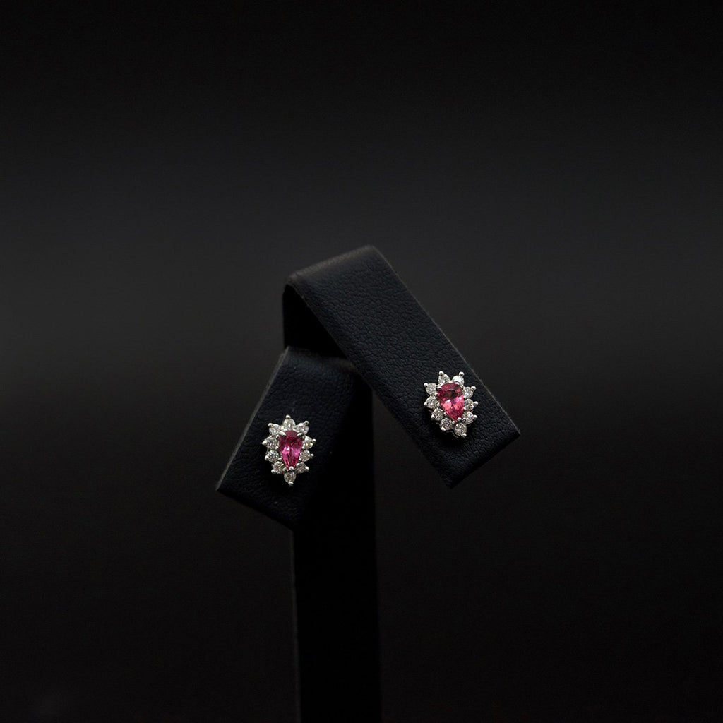 18ct White Gold Pink Tourmaline and Diamond Studs close up, sold at Nouveau Jewellers in Manchester