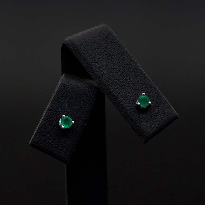 18ct White Gold Contemporary Round Emerald Studs Close Up, sold at Nouveau Jewellers in Manchester