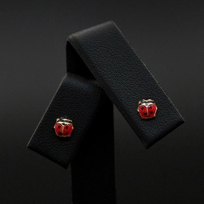9ct Yellow Gold Ladybird Stud Earrings Close Up, sold at Nouveau Jewellers in Manchester